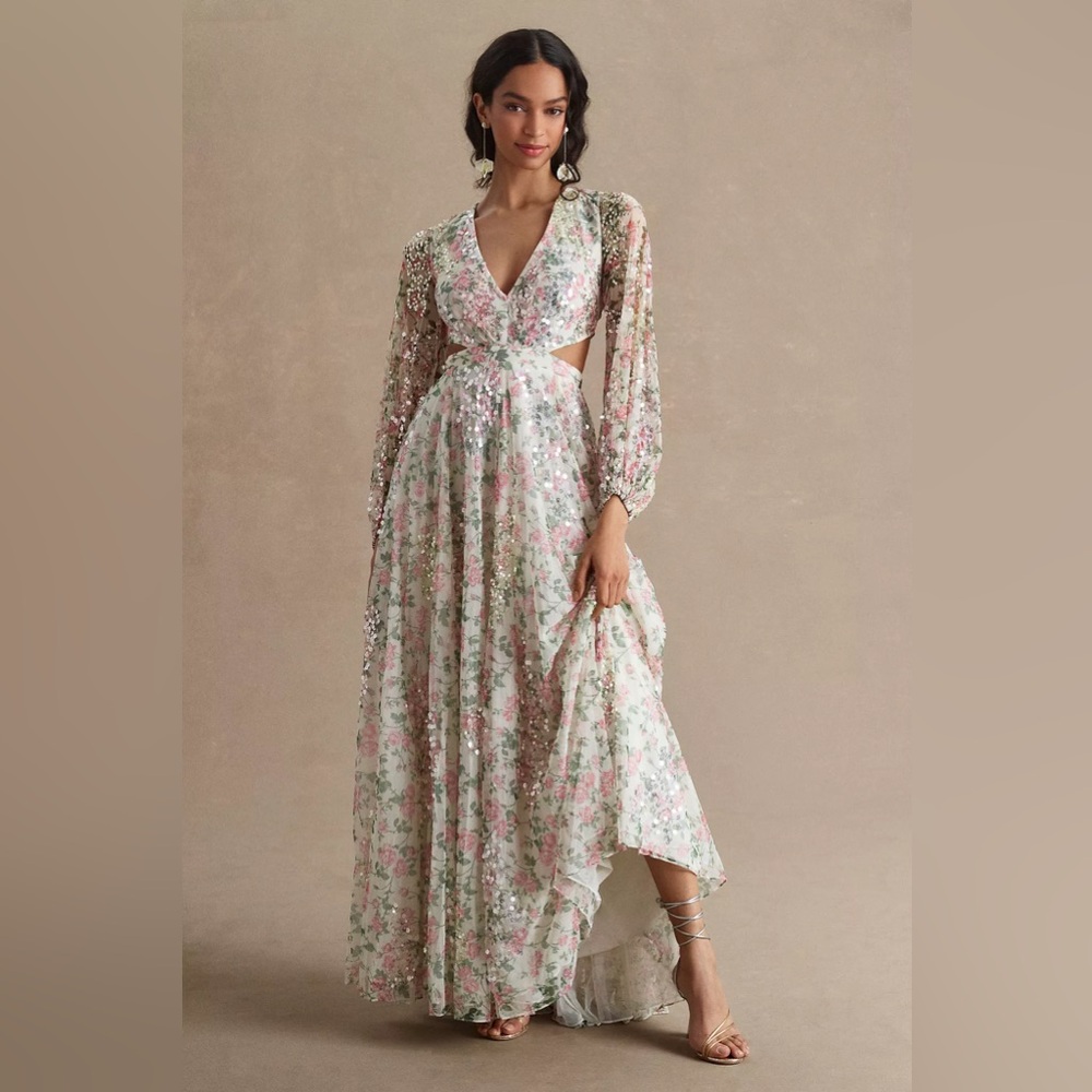 Mac Duggal Floral Sequin Maxi Dress - Pink and Green